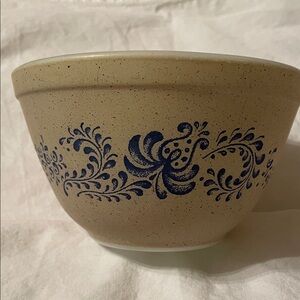 Vintage Pyrex Tan Ceramic Bowl with Blue Floral Design